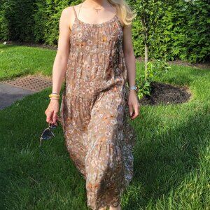 Elegant Summer Elena Baldi Silk brown Tan Floral Sundress MADE IN ITALY
